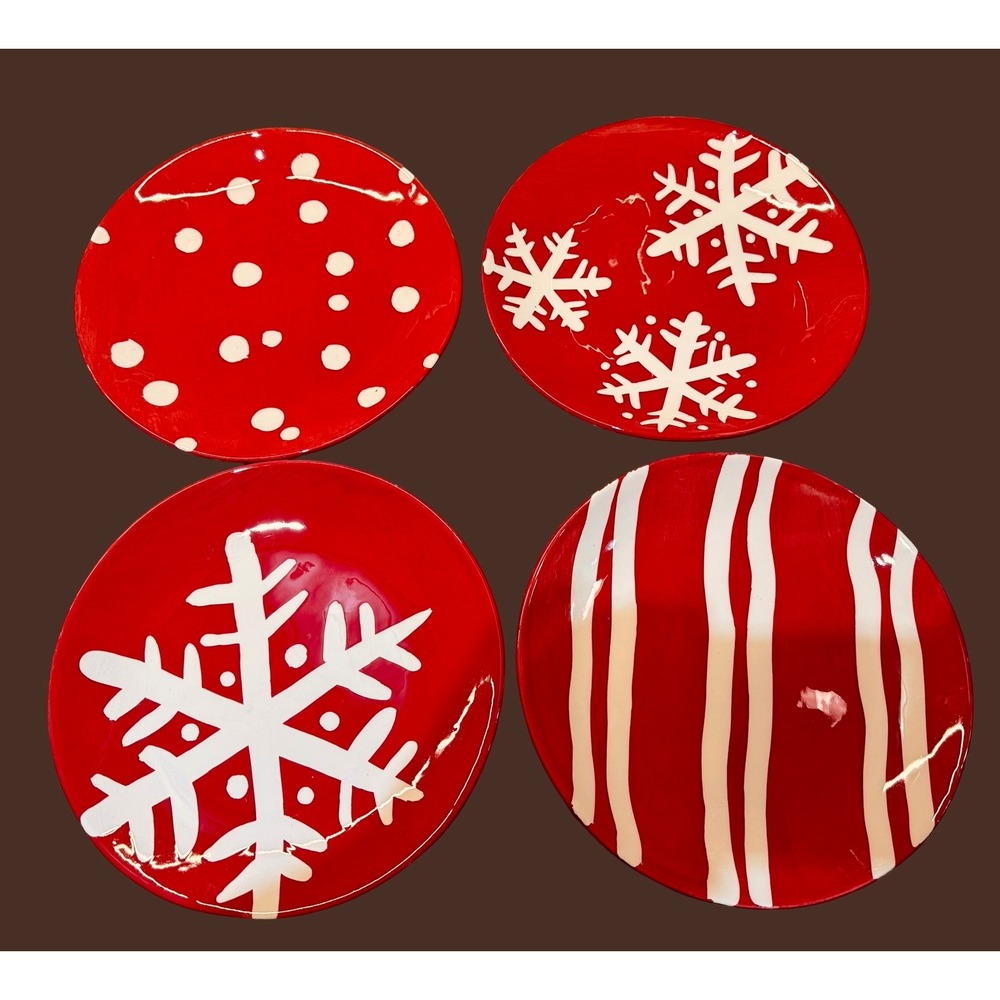 NEW Hallmark Christmas Dessert Plates Set of 4 Red Snowflake Holiday 8"